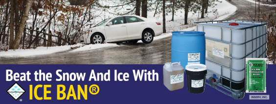 Beat the snow and ice with ICE BAN.  Image shows bulk and bagged ICE BAN products and an icy road with a car in the ditch