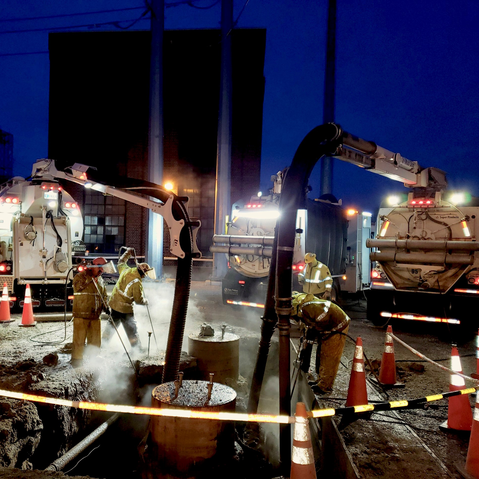 Hydro job site at night lit up