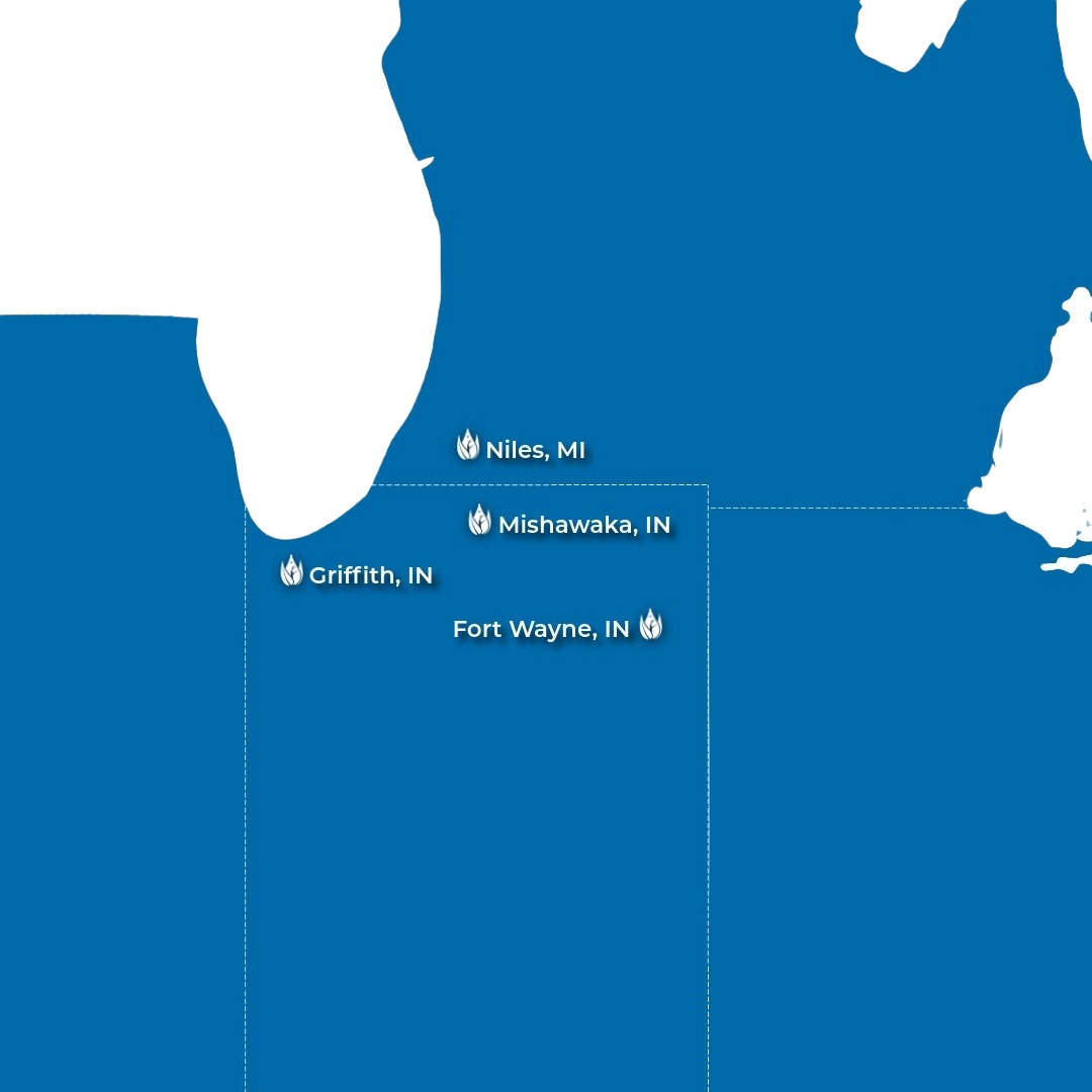 A blue map highlighting locations in Indiana and Michigan. Notable cities marked include Niles, MI; Mishawaka, IN; Griffith, IN; and Fort Wayne, IN, each accompanied by a flame icon.